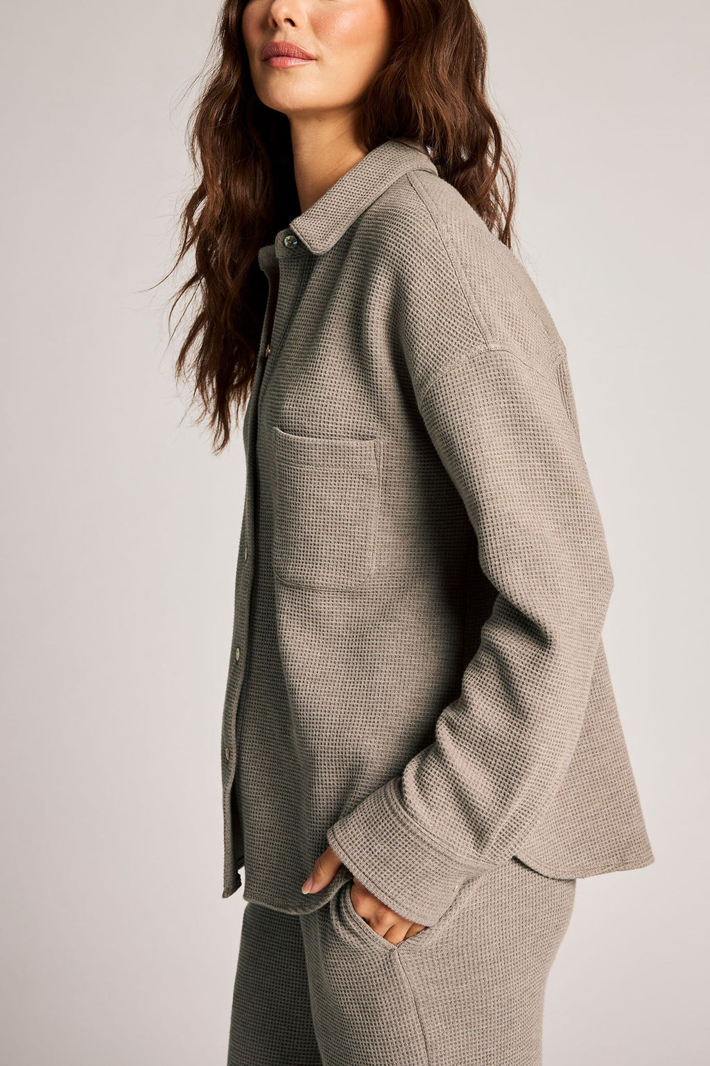Waffle Knit Shirt Jacket in Mink