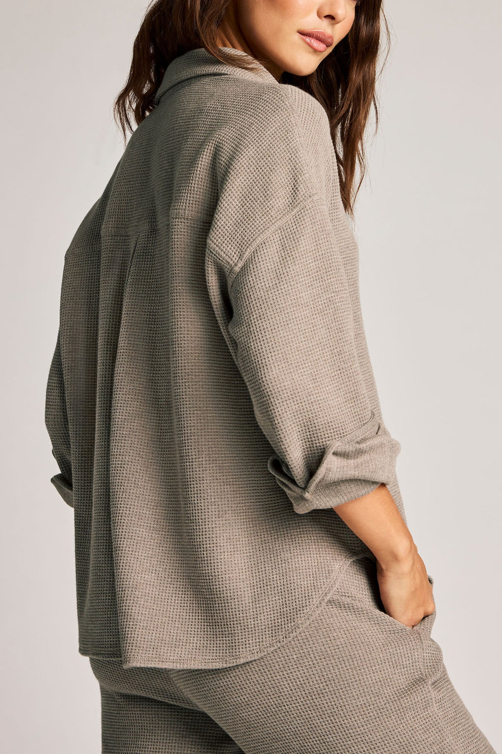 Waffle Knit Shirt Jacket in Mink